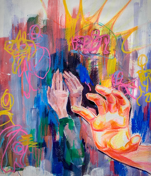 &quot;Helping Hand&quot; - Colored pencil and acrylic paint on watercolor paper