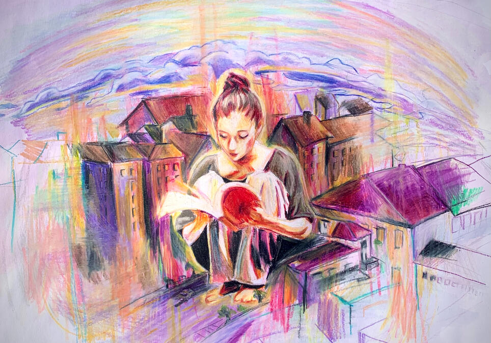 "My Own World" - Colored pencil on mixed media paper