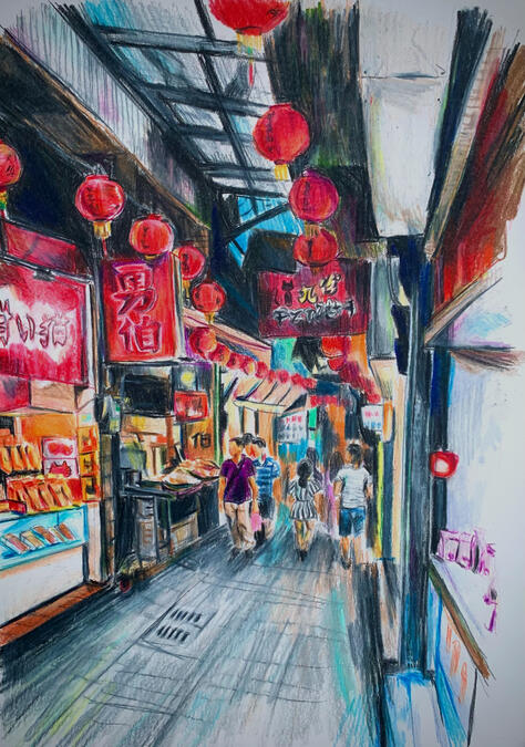 "Kyoto Walk" - Colored pencil on mixed media paper